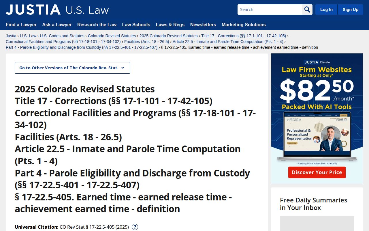Colorado earned-time statute page for correctional release calculations