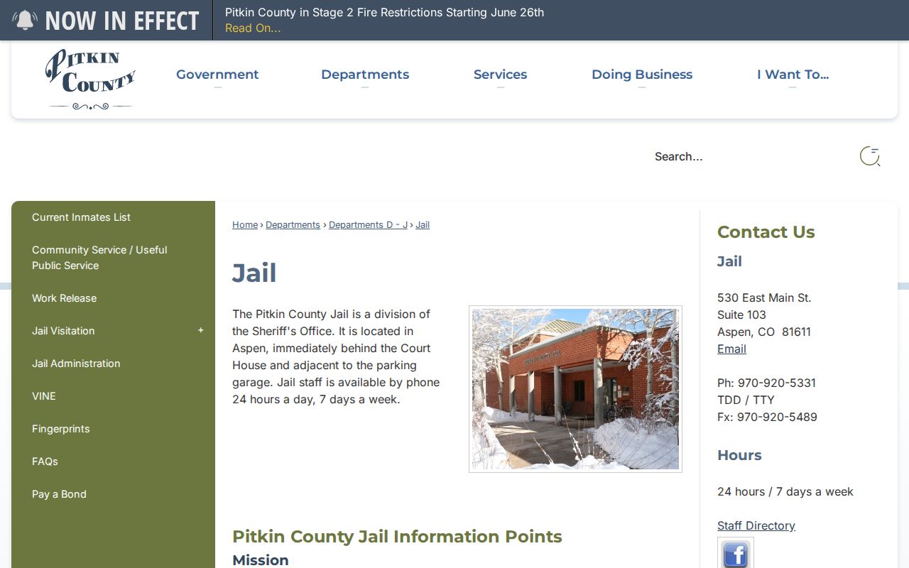 Pitkin County Jail page for released inmate records and current custody checks