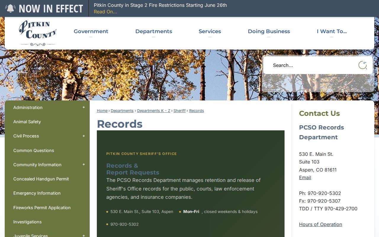 Pitkin County Sheriff's Office Records page with photograph and mug shot request information