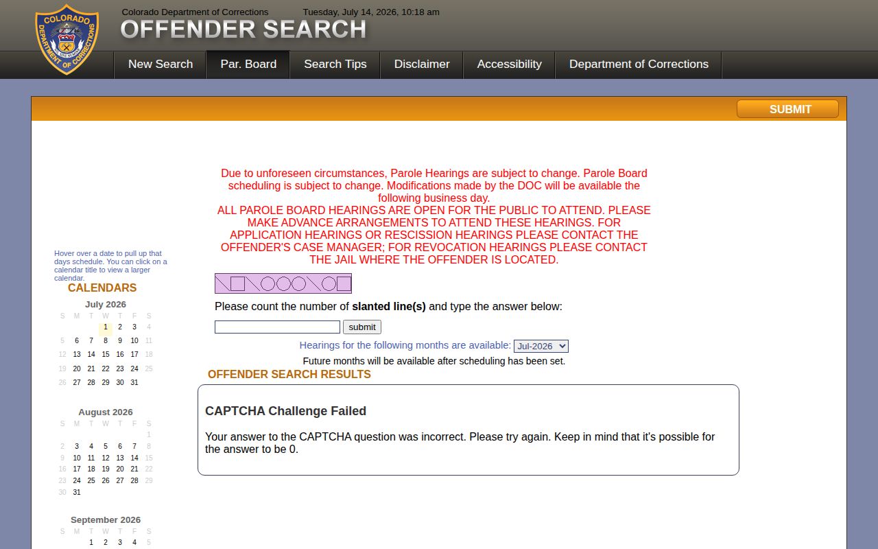 Colorado Department of Corrections parole board calendar for public hearing schedules