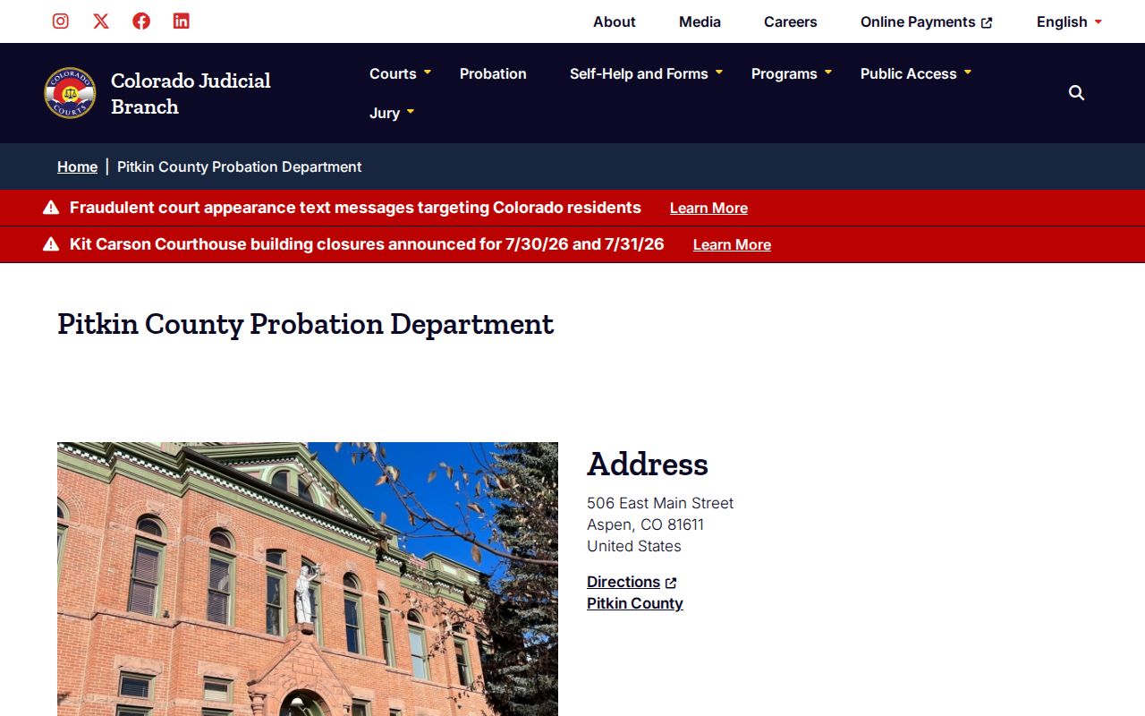 Colorado Judicial Branch location page for Pitkin County Probation Department