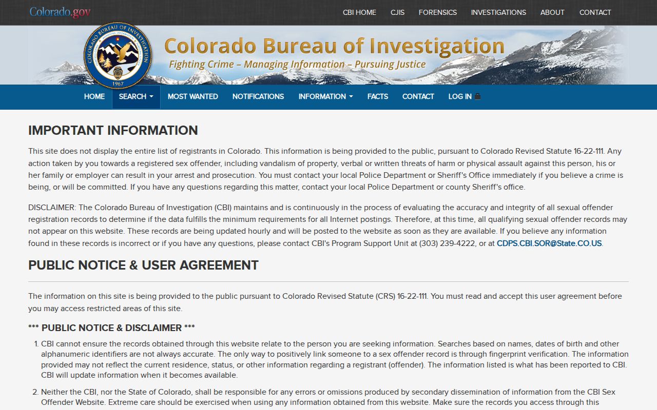 Colorado registry search agreement page explaining limited registry posting rules